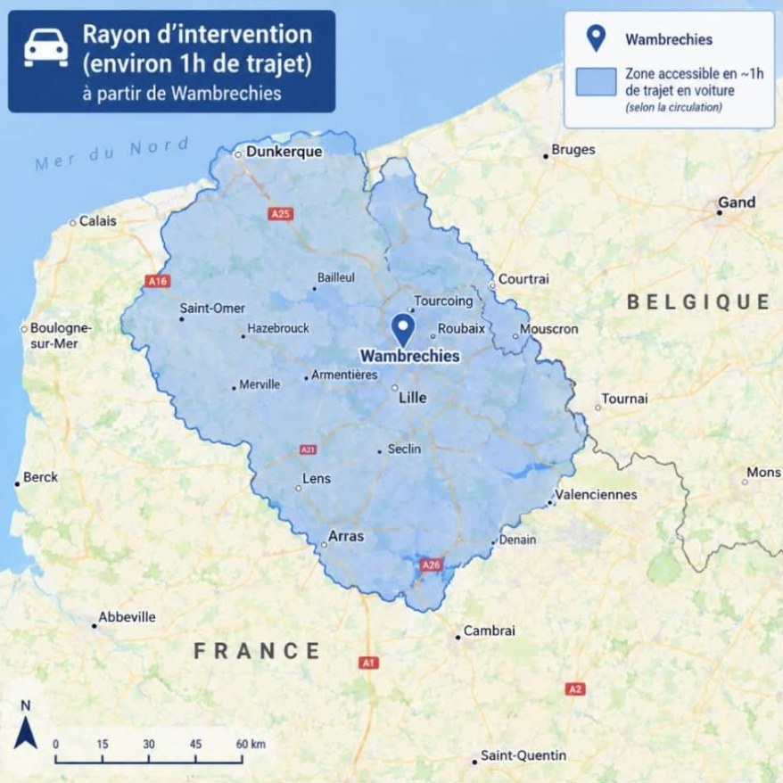 Carte de la zone d'intervention d'EFD Multiservices : environ 1h de trajet autour de Wambrechies, de Dunkerque à Arras et Valenciennes